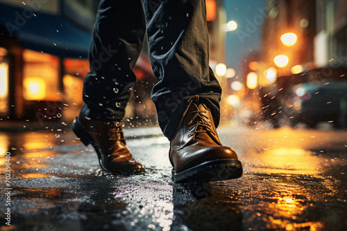 Leather Boots Splashing Through Wet Urban Rainy Street