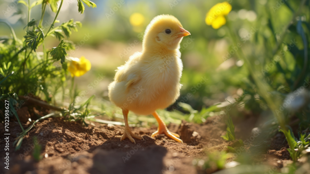 Little yellow chicken on the grass in the sun at sunset. Easter concept. Little yellow chicken on the grass in the sun at sunset. Easter concept.