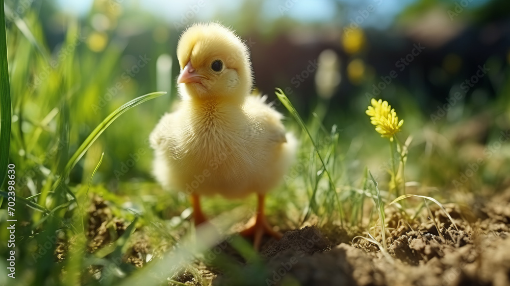 Cute little yellow chicken in green grass on sunny spring day. Cute little yellow chicken in green grass on sunny spring day.