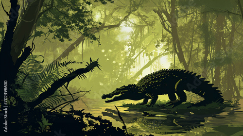 Crocodile with a swamp and forested background