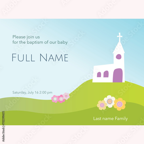 Baptism card with church on a mountain and flowers