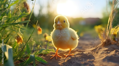 Cute little chicken in the grass on a sunny spring day.