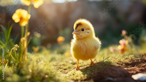 Cute little yellow chicken on green grass. Springtime concept. © paulcannoby