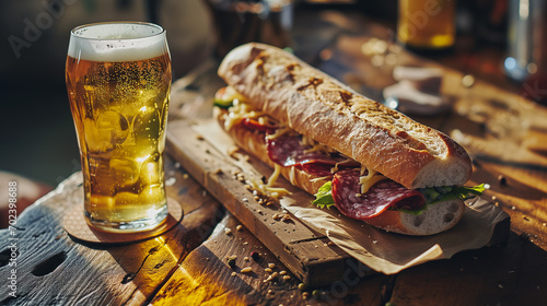 A salami sandwich and a pint of beer on a wooden table.  photo