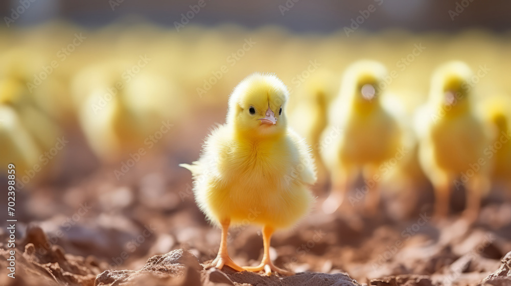 Cute little yellow chickens on a farm. Easter holiday concept.
