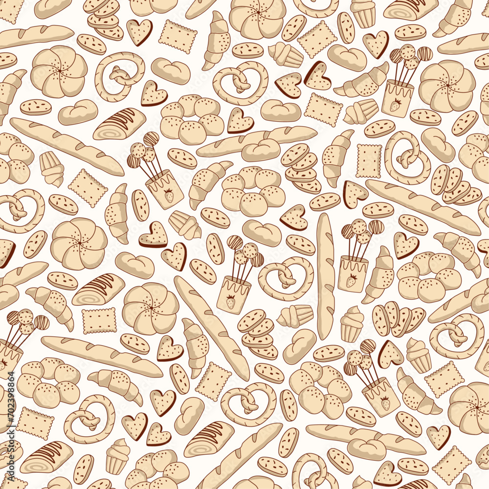 Hand drawn seamless vector pattern with bread and bakery products. Pastry background doodle style