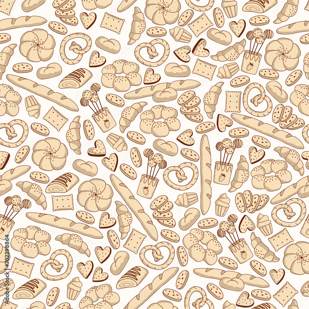 Hand drawn seamless vector pattern with bread and bakery products. Pastry background doodle style Hand drawn seamless vector pattern with bread and bakery products. Pastry background doodle style