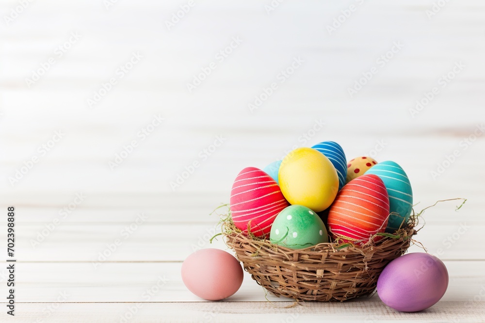 Naklejka premium Basket with colorful easter eggs on wooden background