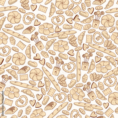 Hand drawn seamless vector pattern with bread and bakery products. Pastry background doodle style