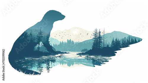 Otter with a river landscape and forested banks photo
