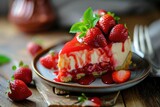A delectable slice of creamy cheesecake adorned with fresh, juicy strawberries, creating a burst of sweetness and flavor on a plate of pure culinary art in an indoor setting