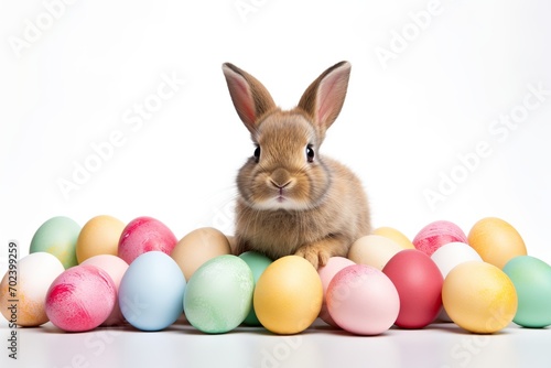 Beautiful bunny with colorful easter eggs isolated on white background © Alina