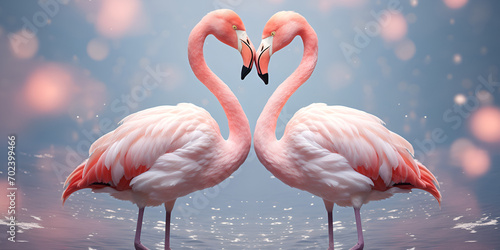 Couple flamingos neck heart shape on tropical beach abstract background. Love and nature concept. Cute Kawaii Couple flamingos kissing Valentine's Day. love card pink flamingo in love kissing. © kalsoom