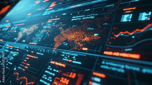 Seismic activity HUD with glowing fault lines and tectonic data visuals photo