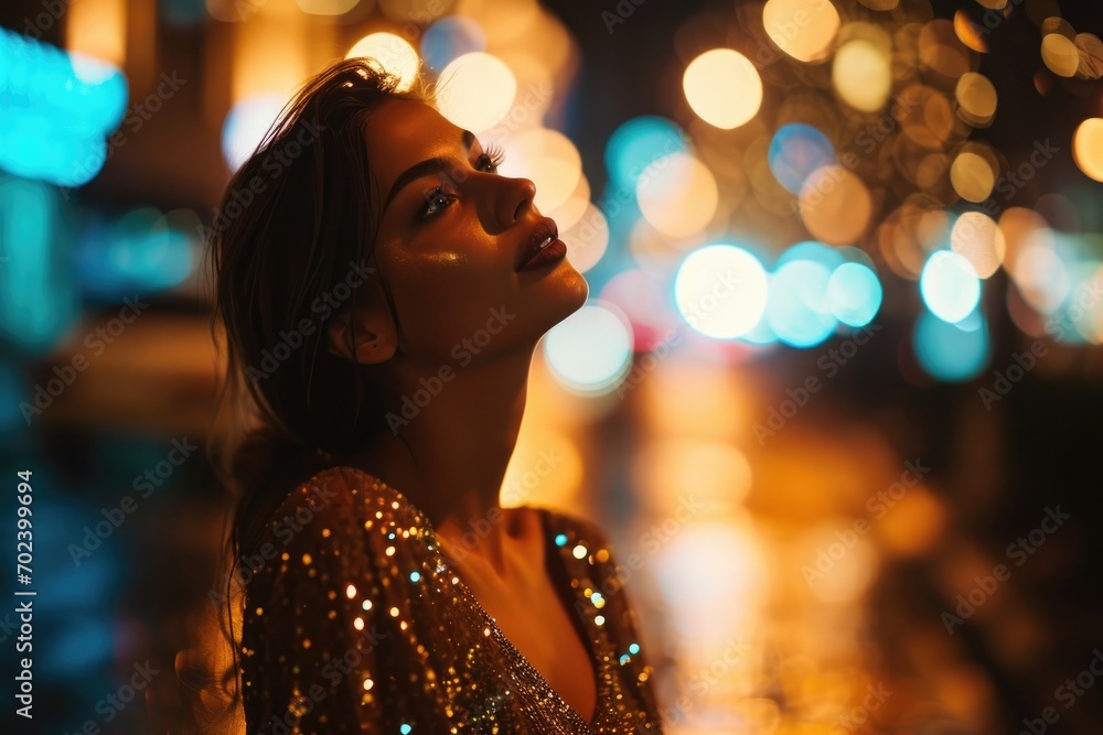 A woman gazes upwards at the starry night sky, her face illuminated by the soft glow of streetlights, lost in thought and wonder A woman gazes upwards at the starry night sky, her face illuminated by the soft glow of streetlights, lost in thought and wonder