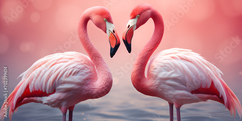 Decorated with couple of pink flamingo birds. Their heads make a heart, Image to use as Valentine card. AI Generative  © kalsoom