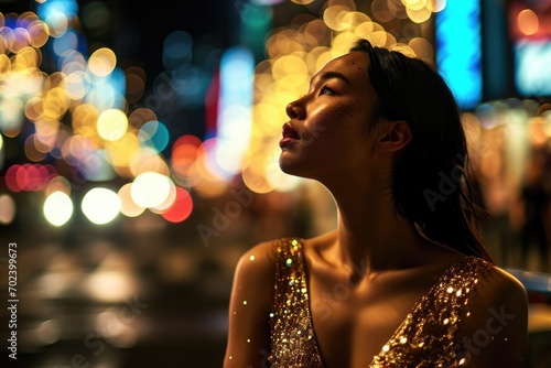 A solitary woman gazes wistfully at the starry night sky, her delicate features illuminated by the soft glow of the streetlights, her elegant fashion contrasting against the dark backdrop of the city