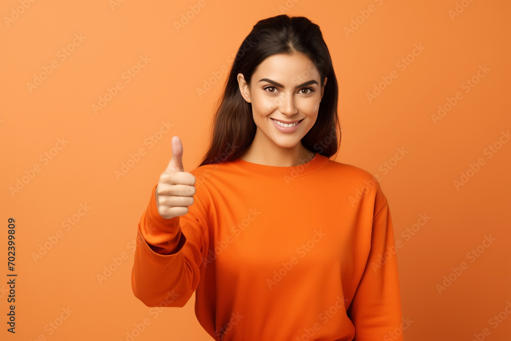 smiling young girl with clenched fist thumb up in orange clothes smiling young girl with clenched fist thumb up in orange clothes