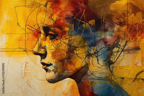 A striking modern artwork depicting a woman's face, created with fluid brushstrokes and vibrant acrylic paint photo