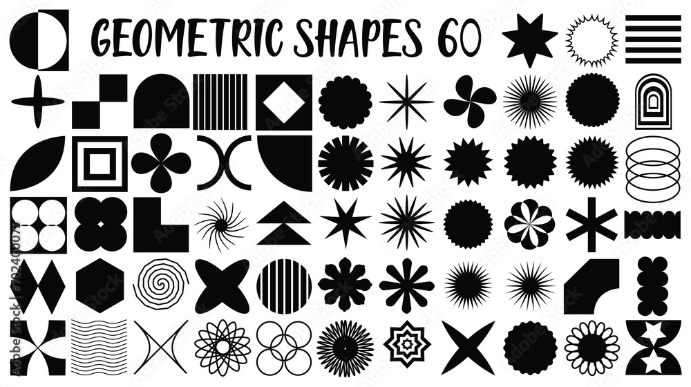 Set of geometric aesthetic abstract line frames and shapes with stars boho, brutalism, Y2K style. Geometric elements with sparkles for template design social media, poster, banner, logo,  - obrazy, fototapety, plakaty 
