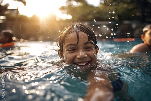 A young girl embraces the refreshing freedom of a summer day as she gracefully glides through the crystal-clear waters of an outdoor swimming pool, her beaming face radiating pure joy and contentment photo