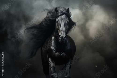 Majestic Black Horse Emerging from Ethereal Smoky Darkness