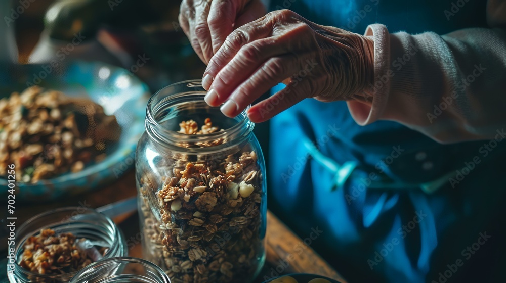 Senior woman preparing granola in glass jar. Selective focus. Senior woman preparing granola in glass jar. Selective focus.