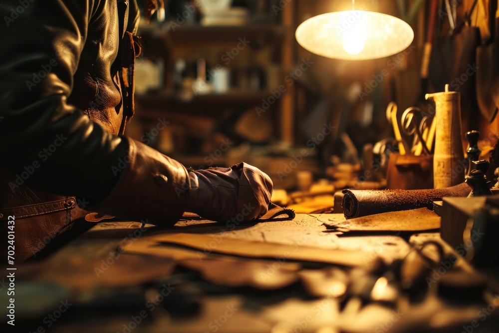 A solitary figure, bathed in the warm glow of a flickering candle, carefully crafts a beautiful piece of leather A solitary figure, bathed in the warm glow of a flickering candle, carefully crafts a beautiful piece of leather