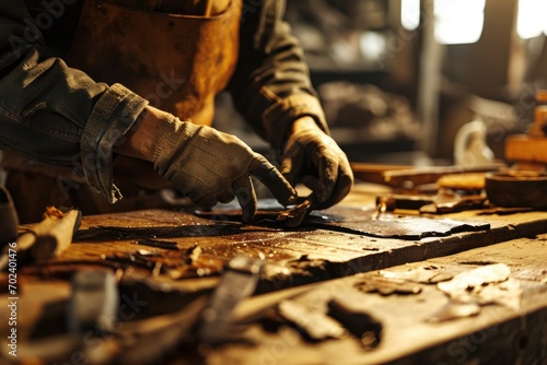 A focused individual hammers away at a block of wood, creating a custom-made shoe with intricate metalwork, in a bustling indoor workshop filled with tools and creativity