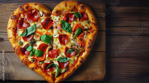 Heart-shaped pepperoni pizza adorned with fresh basil on a wooden background