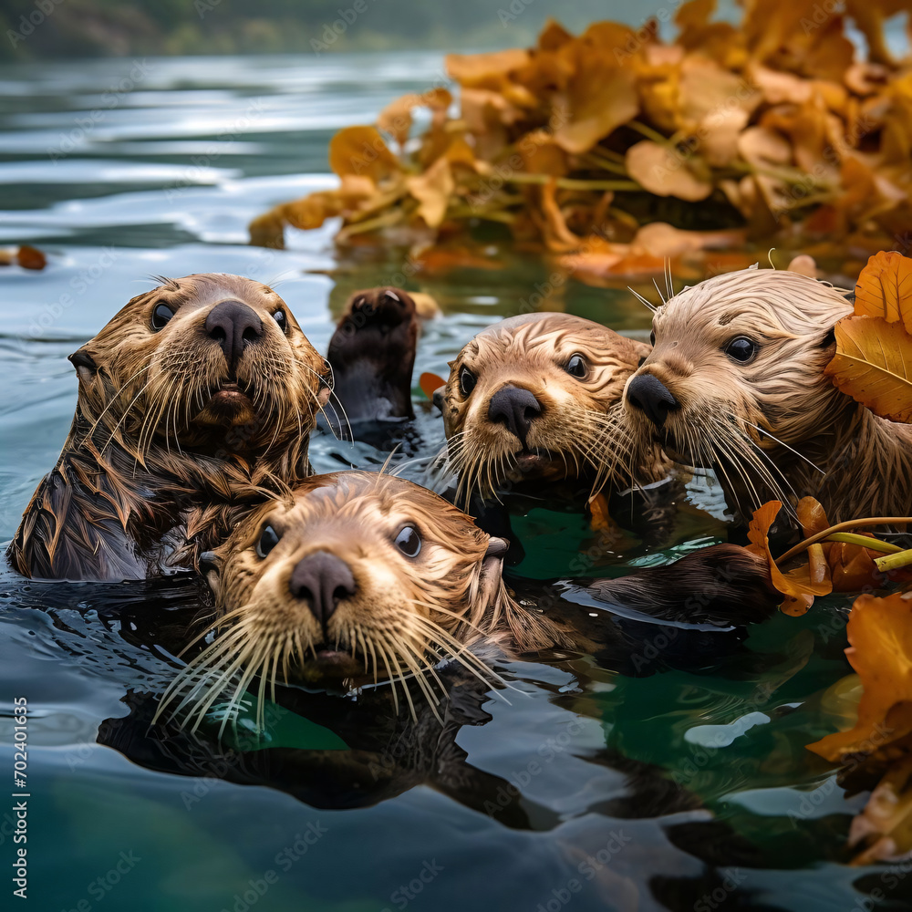 A playful group of sea otters floating together on their backs in kelp beds. A playful group of sea otters floating together on their backs in kelp beds.