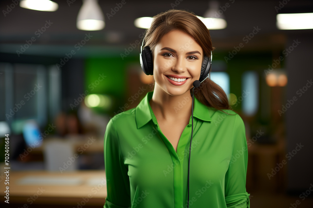happy smile woman in green blouse from call center with headphones microphone, blurred background, information service happy smile woman in green blouse from call center with headphones microphone, blurred background, information service