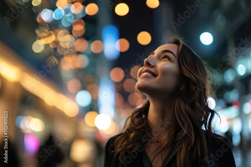 A girl's smile lights up the dark city streets as she gazes at the starry night sky, her face framed by the glowing buildings in a captivating outdoor portrait