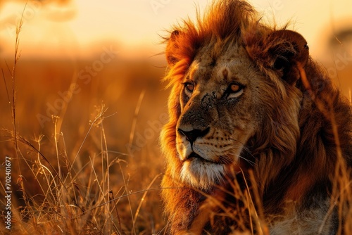 A majestic masai lion stands tall in the sun-drenched grass, exuding strength and power as it surveys its wild, untamed domain
