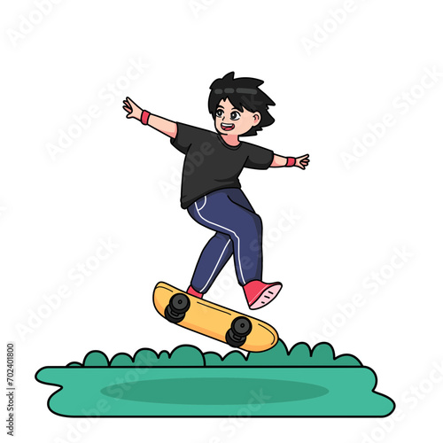 Hobby and entertainment concept. A man who likes skateboard. Favorite activity and relaxation. Cartoon flat vector illustration