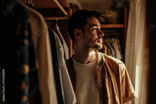 A man stands in a cramped closet, his face obscured by a sea of clothing as he contemplates the indoor space and his fashion choices against the stark wall