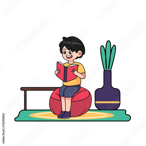 Hobby and entertainment concept. A boy who likes  Reading books. Favorite activity and relaxation. Cartoon flat vector illustration
