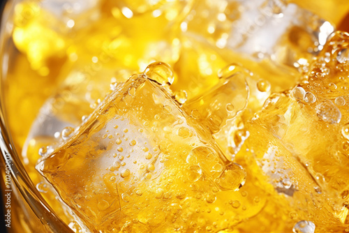 yellow carbonated drink with ice cubes close-up with bubbles in glass side view