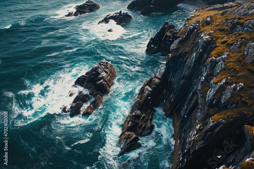 A tumultuous dance between water and rock on the rugged coast, as crashing waves embrace the skerries and tide meets the shore in a wild ocean symphony