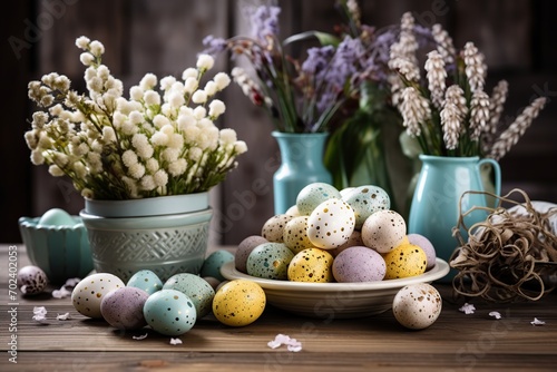 Wallpaper Mural Colorful easter eggs with flowers on wooden background Torontodigital.ca