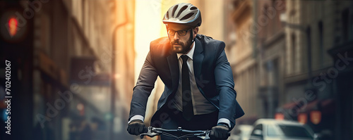 Bussiness man on bike in big city against sunny backlight. Bicycle rider in suit and helmet in rush city.