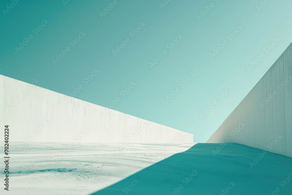 A stark white wall stands tall against the bright blue sky, casting a deep aqua shadow on the outdoor ground below