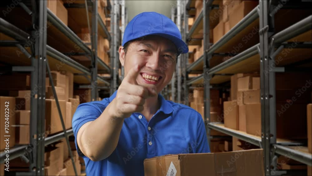 Close Up Of male Smiling And Making Honest Gesture While Delivering A Carton In Warehouse
Close Up Of male Smiling And Making Honest Gesture While Delivering A Carton In Warehouse