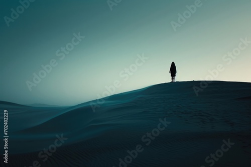 Amidst the vast desert landscape, a solitary figure stands on a sand dune, the winter sky above reflecting the serenity of the aeolian landform below