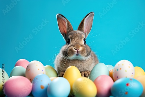 Cute bunny with easter eggs on blue background © Alina