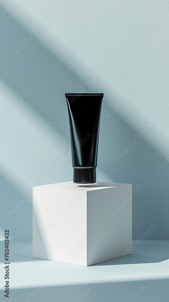 Front view blank black tub packaging placed on a white cub on a soft blue background Front view blank black tub packaging placed on a white cub on a soft blue background