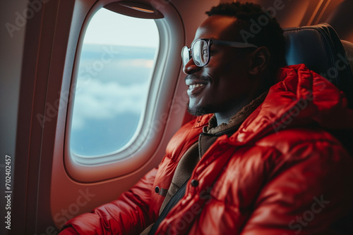smile man in red jacket and glasses sitting in seat in airplane and looking out window photo
