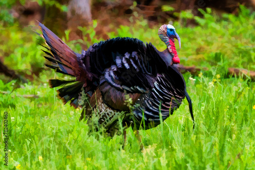 Wild turkey gobbler in a fiield showing off his wattle    paintography