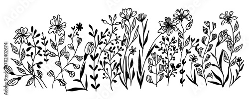 Horizontal  banner or floral backdrop decorated with gorgeous  blooming flowers and leaves border. Summer botanical doodle vector illustration on white background
