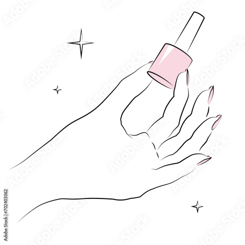 Manicured hand holding nailpolish bottle. Line art. Vector illustration for nail salon	
